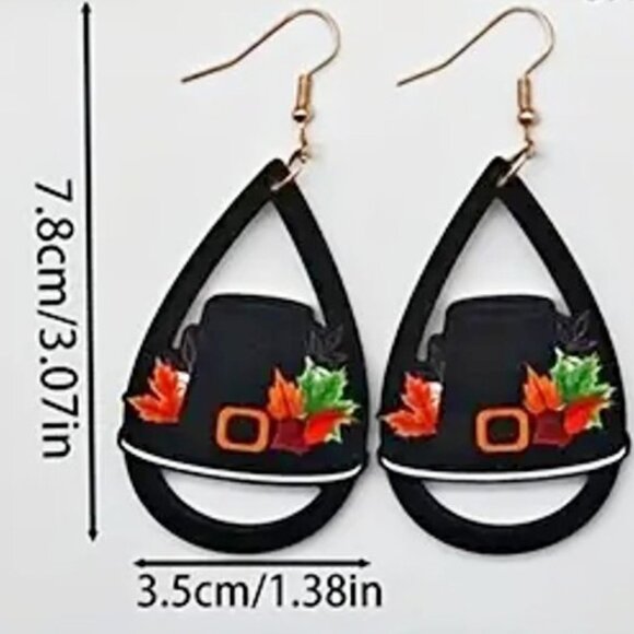NEW Pilgrim Hat Fall Thanksgiving Wooden Dangle Earrings - Picture 2 of 2